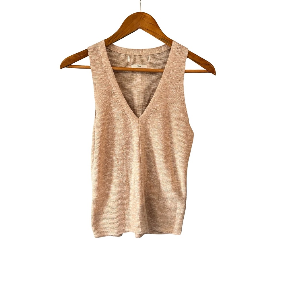 Linen V-Neck Knit Tank Top Small Neutral Space Dye Sleeveless Sweater Shell
